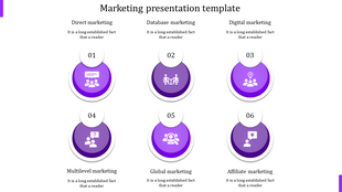 Six circular purple icons aligned in two rows, each paired with text and numbers on a white background.