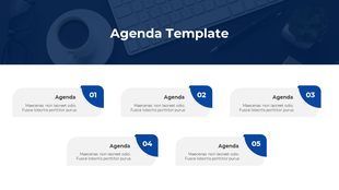 Agenda PowerPoint template with a blue and white theme, showcasing five labeled sections for detailed agenda points.