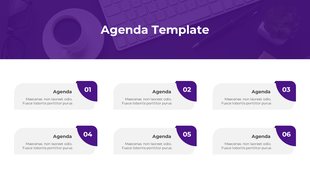Agenda template with six labeled sections, each numbered with bold purple tags and text descriptions.
