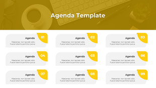 Agenda template with nine labeled sections, each numbered with bold yellow tags and text descriptions.