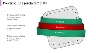 Agenda slide featuring three blue-toned ribbons stacked diagonally with captions areas and a dashed rectangular backdrop.