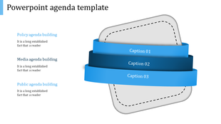 Agenda template showcasing overlapping green ribbons with captions on a dashed gray rectangle in a white backdrop.