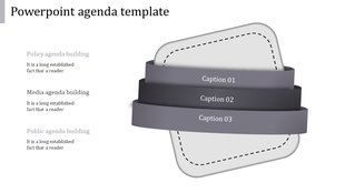 Agenda PPT slide with stacked ribbons labeled as captions and text describing policy, media, and public agenda building.