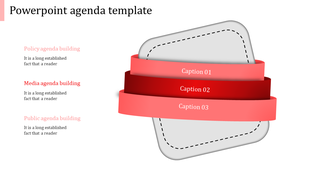 Three layered ribbon design in shades of red, wrapped around a dashed gray rectangular box, representing agenda categories.
