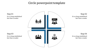 Four step circle infographic with alternating blue and white segments, featuring icons and corresponding captions.