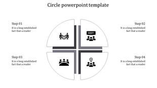 Circle infographic with four sections featuring gry accents, black business icons, and descriptions on a clean background.