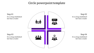 Four-part infographic circle with steps, icons in each quadrant, and colored segments in blue, orange, and red.