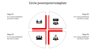 Four section circular PowerPoint template with red highlights and business themed icons for presenting stepwise processes.