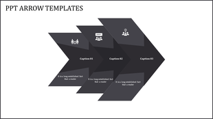 Dark gray overlapping arrow diagram with three segments, each featuring an icon, caption, and supporting text.