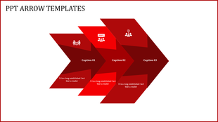 Arrow-shaped infographic with three red segments, each labeled with an icon and caption for progression.