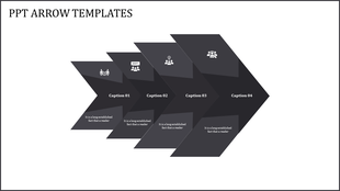 Four overlapping gray and black arrows with text placeholders and business icons in a clean layout.