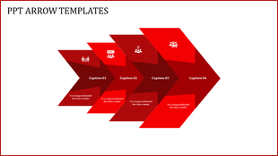 Slide featuring a series of four red arrows, each containing a placeholder for captions, suitable for outlining processes.