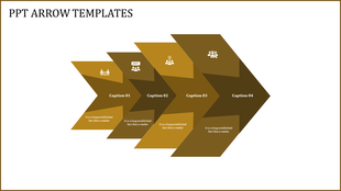 Four overlapping brown and gold layered arrows in sequence with icons and captions on a white background.
