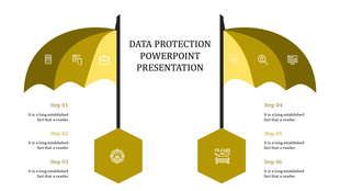 Two yellow umbrella shapes flank a central title, with icons on the canopies and hexagonal steps aligned below.