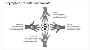 Infographic with five black silhouettes of hands radiating outward around a central globe, each linked to captions.