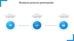 Business process PowerPoint slide with three blue circular icons showing steps: handshake, meeting, and teamwork.