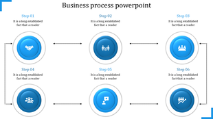 Business process PowerPoint template with six blue circular icons showing steps with placeholder text.