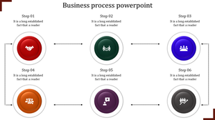 Six step business process with colorful icons in red, green, blue, orange, purple, and black, connected by arrows.