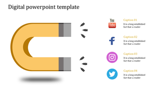 Yellow magnet in a digital PPT attracting social media logos like YouTube, Facebook, Instagram, and Twitter with captions.