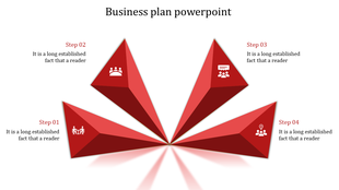 Business plan PowerPoint slide with four red pyramid shaped segments representing sequential steps.