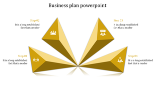 Four yellow triangular wedges converging at a central point, each labeled with a white business icon and step number.