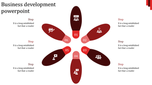 Business development PPT slide with six maroon petals arranged in a circular pattern, each representing a step with icons.