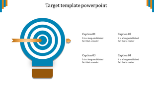 Blue target graphic with an orange arrow hitting the center, paire with four captions on the right side.