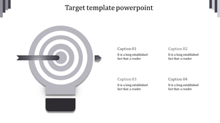 Gray target graphic with an arrow in the center, accompanied by four captions areas on the right side.