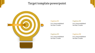 Yellow target graphic with an arrow in the center, paired with four captions on the right side.