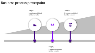 Three step process with purple themed icons in white circles, connected to a slanted gray layout.