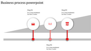 Horizontal layout featuring three white circles with red icons, connected by lines over a slanted gray background.