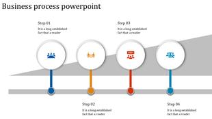 Slide featuring four white circles with blue, orange, red, and teal icons, connected by vertically over a slanted gray line.