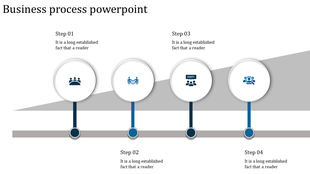 Step-by-step business process diagram with four circular icons linked to a horizontal and slanted progress bar.