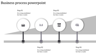 Business process layout with four circular gray icons aligned on a slope and labeled steps beneath each.