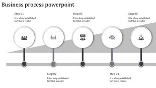Business process PPT slide showing five steps, each represented by a circle and icons with placeholder text.