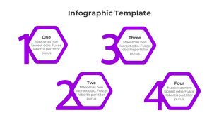 Infographic PPT template with four purple hexagons, each displaying numbers and content sections.