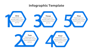 Numbered infographic in blue with hexagonal frames and placeholder text for steps one to five.