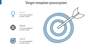 Target diagram with blue concentric circles, an arrow, and three steps with icons and text on a white background.