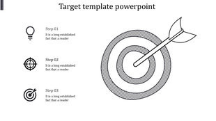 Black and white target template with a dart piercing the bullseye, accompanied by three steps represented by icons.