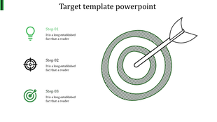 PowerPoint template with target and dartboard illustrations representing strategic steps.