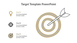 PowerPoint template for target steps, showing lightbulb, target, and dartboard with corresponding steps.