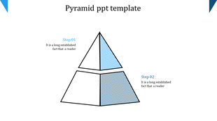 Pyramid diagram with two levels and blue striped sections for Steps 01 and 02 in a PowerPoint template.