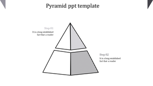 Pyramid diagram with two levels, alternating white and gray striped sections, labeled steps on both sides.