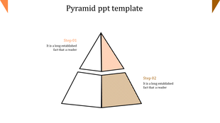 Pyramid PowerPoint slide with two steps, labeled Step 01 and 02, using orange colors and striped patterns.