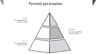 Gray pyramid diagram with three levels labeled Step 01 to 03 with accompanying captions.