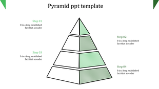 Pyramid diagram slide with four steps, each labeled Step 01 through 04, with alternating green striped sections.