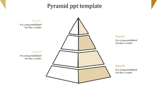 Four level pyramid diagram with gold and beige shaded areas, labeled Step 01 to 04 with placeholder text.