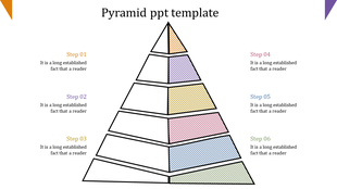 A pyramid PowerPoint template with six steps, each labeled and containing space for text.