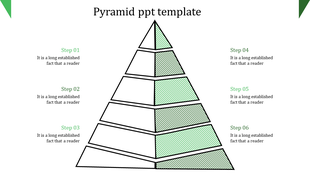 Six tier pyramid illustration with alternating green striped and white levels, steps labeled on the left and right.