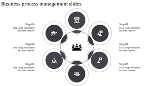 Six step business diagram with gray circles, icons inside, and descriptive captions placed around the layout.